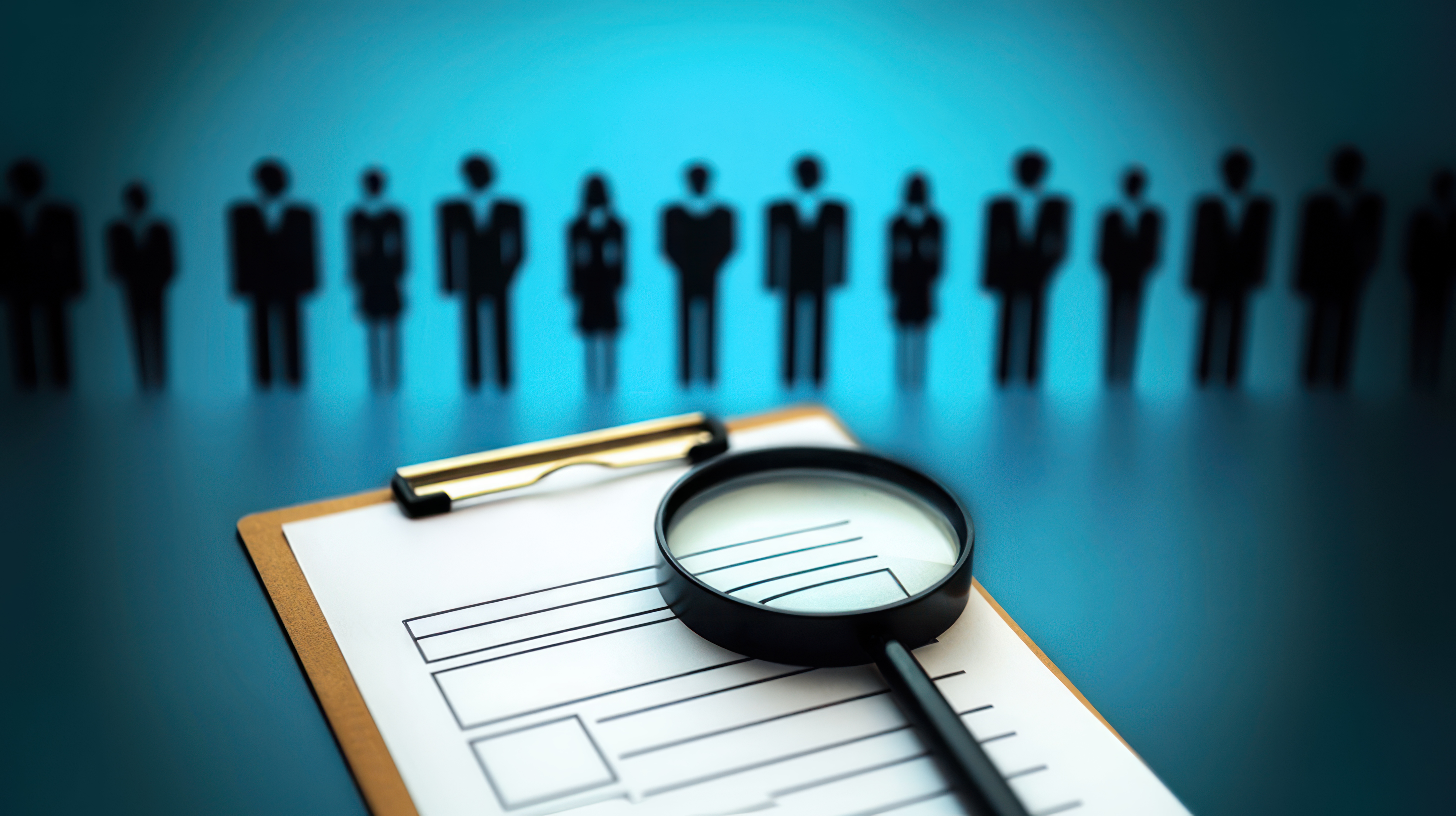 Job application clipboard with magnifying glass business people silhouettes symbol hiring payroll management payroll system process