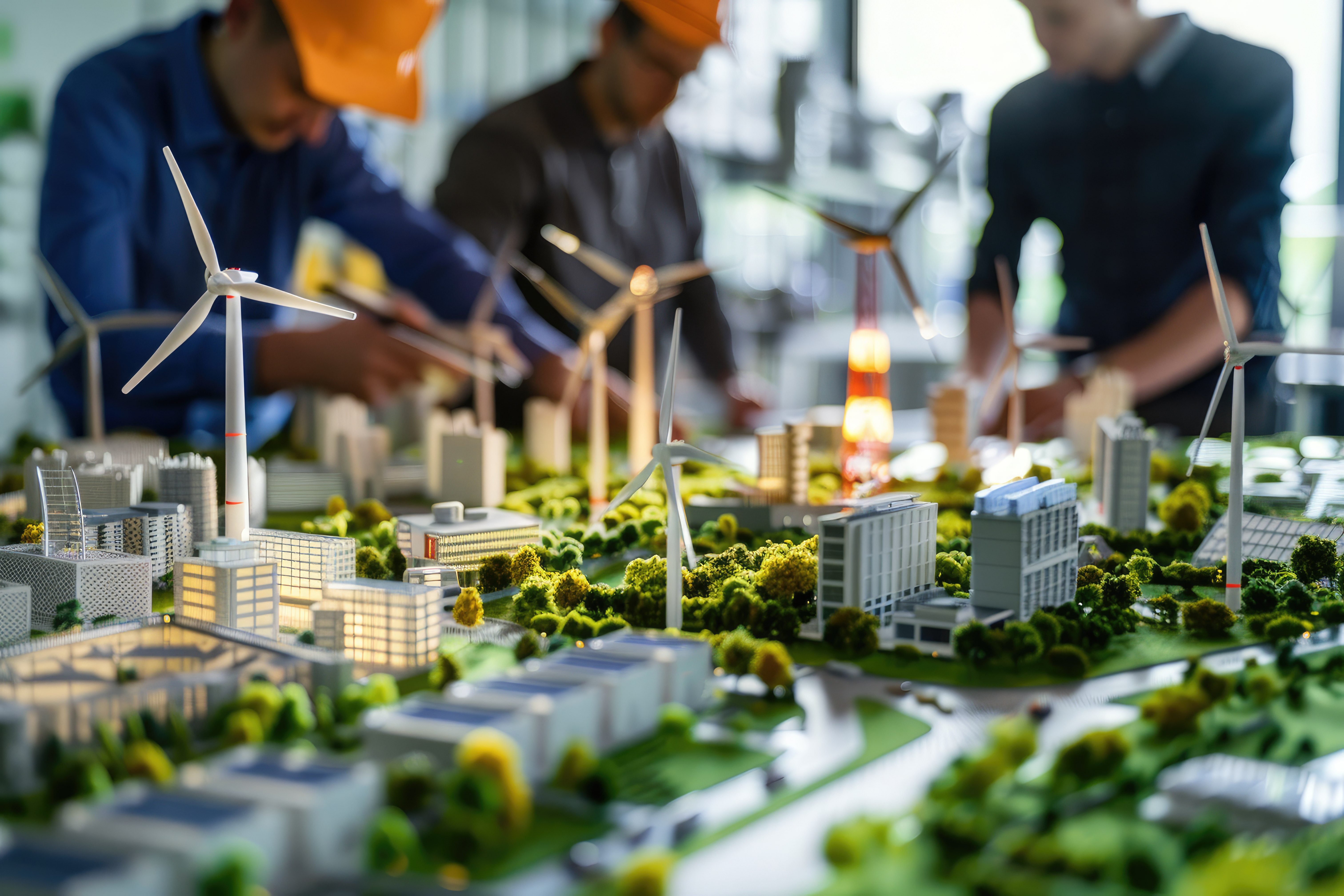 Engineers designing clean energy models