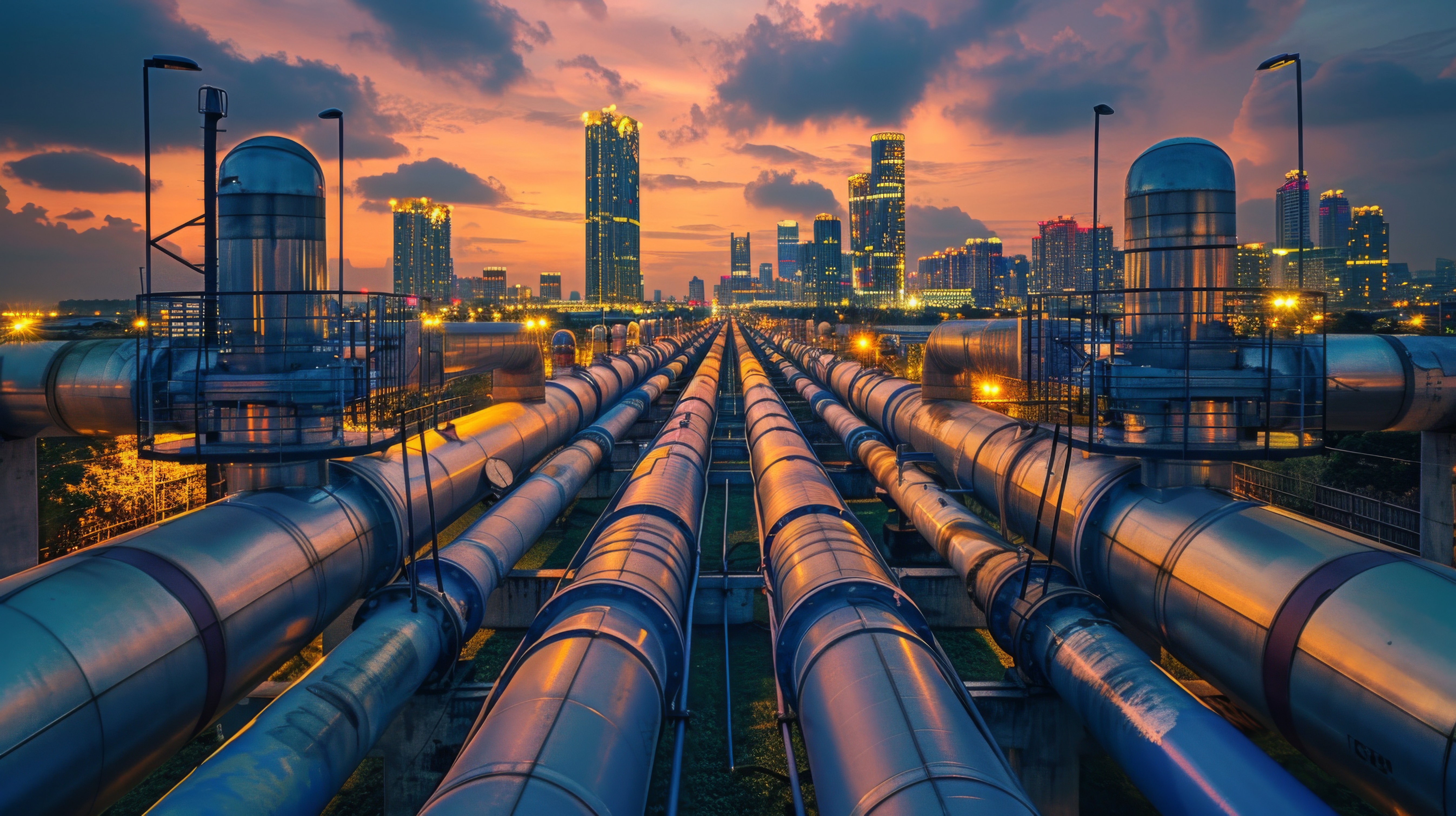Gas pipeline infrastructure urban setting with skyscrapers background