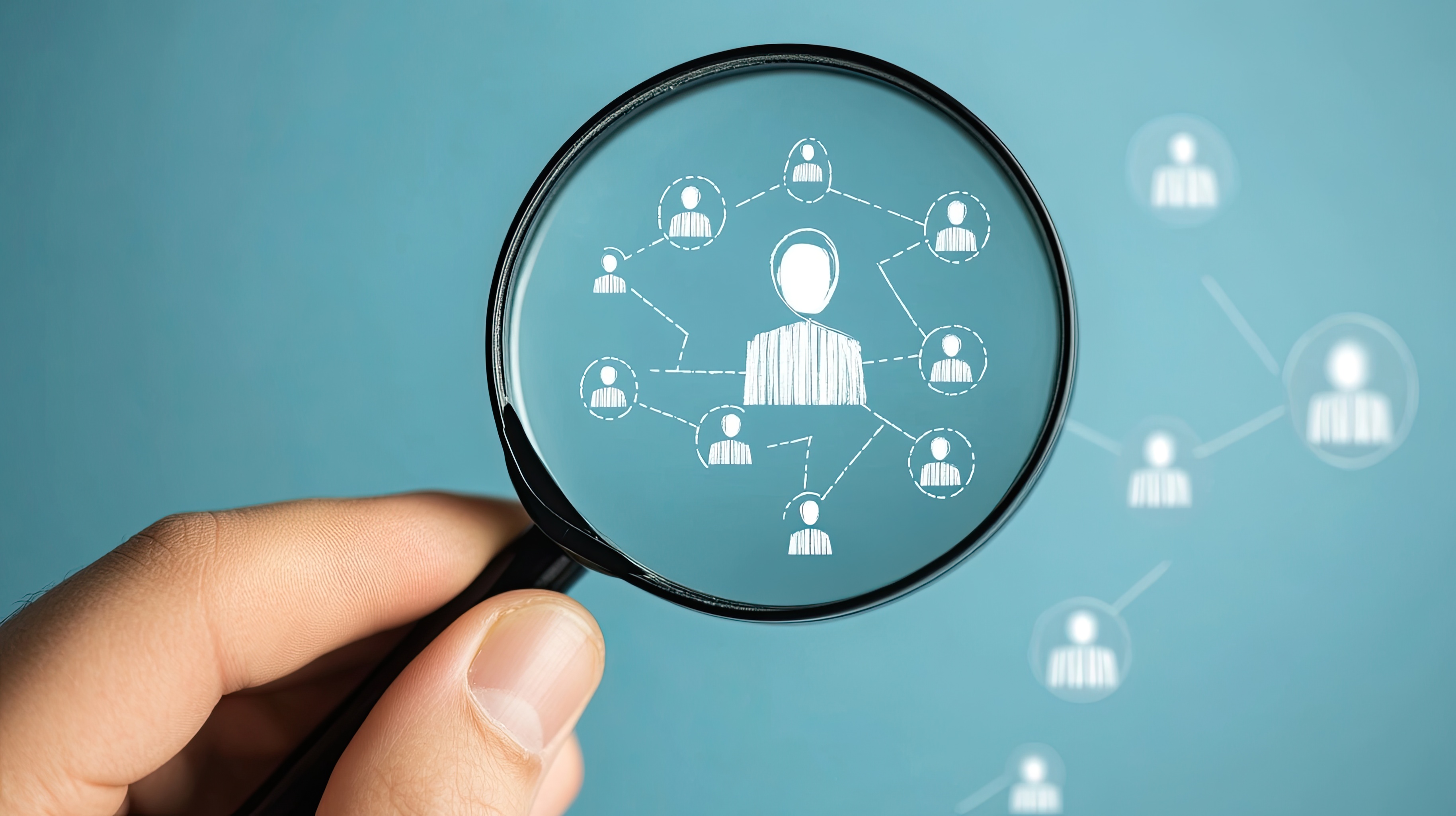 Hand holding magnifying glass human icon investigative focus human resources identity management